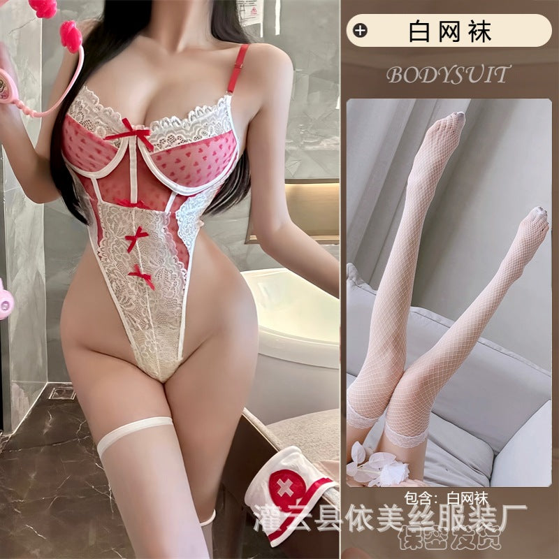 Image of Man Lust Erotic Lingerie Pure Lust Nurse Uniform Lace Bow Heart Shaped Sheer Jumpsuit Sexy Set 9276
